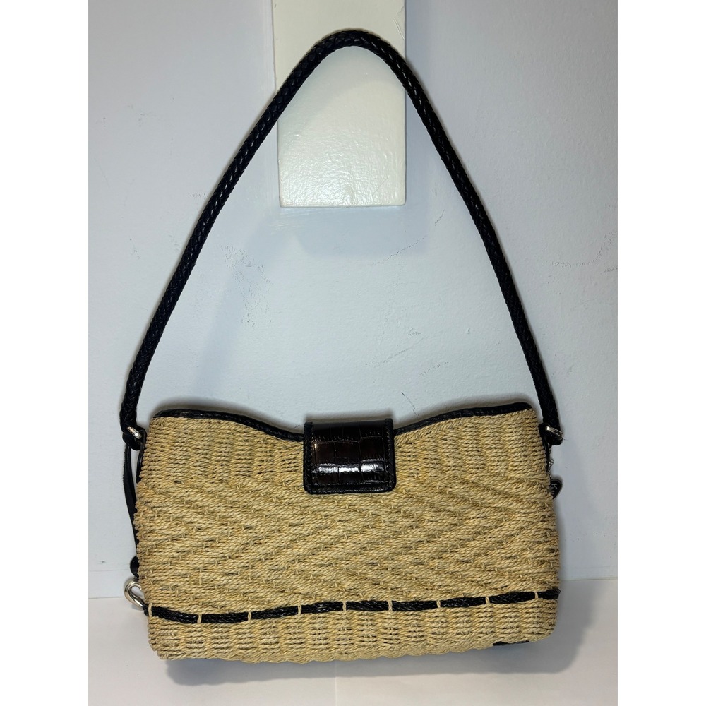 Brighton Woven Straw Shoulder Bag Black Croc Leather Trim Heart Charms Floral - Picture 2 of 16